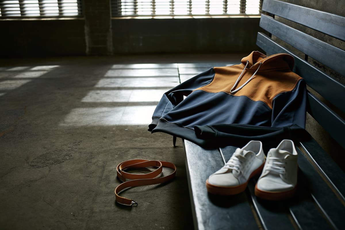 Navy and orange colorblock hoodie laid flat next to fresh white sneakers with orange sole accents, on a hospital locker room bench in warm sunlight with an orange lanyard on the floor