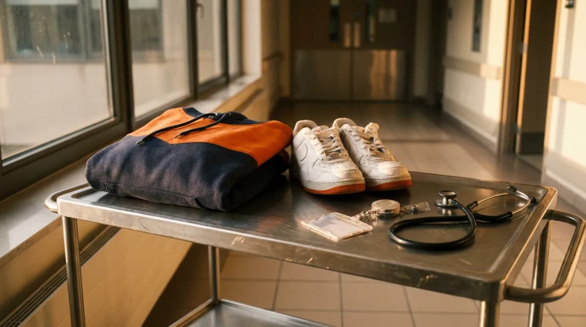 Folded navy and orange colorblock hoodie next to white sneakers with orange sole accents, a badge reel, and a stethoscope on a stainless steel hospital cart in warm afternoon light
