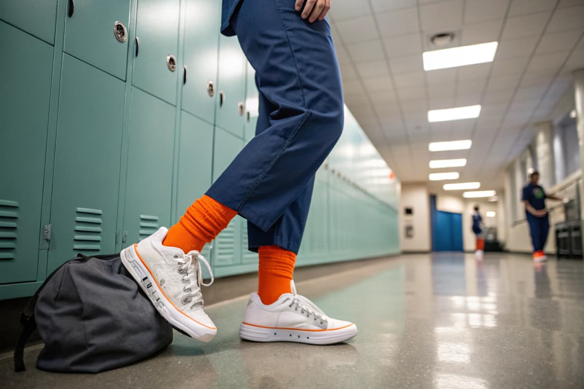 Nurse in navy scrubs wearing bright orange compression socks and white sneakers with orange accents, standing in a hospital hallway locker area