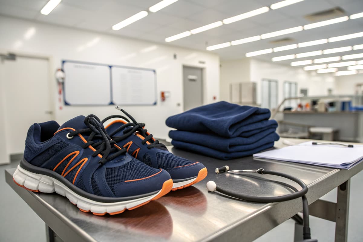 Navy and orange sneakers next to a folded matching navy hoodie, a clipboard, and a stethoscope on a stainless steel hospital cart