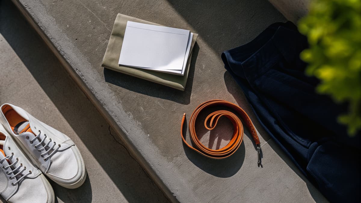 Overhead flat lay of a stack of thank-you note cards, a pair of white sneakers with orange sole accents, a coiled orange lanyard, and folded navy scrubs on a light grey concrete surface