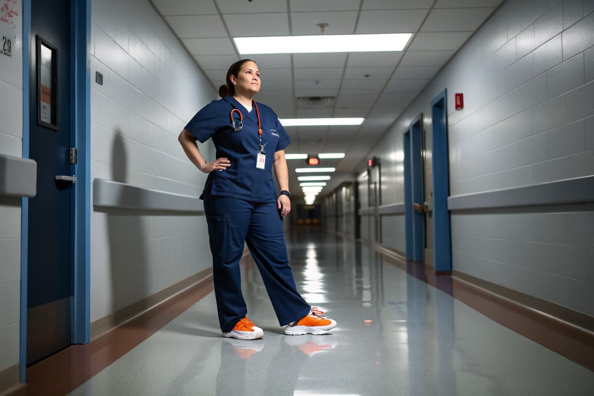 New RN in navy scrubs standing confidently in a hospital hallway, white and orange sneakers visible at shift change