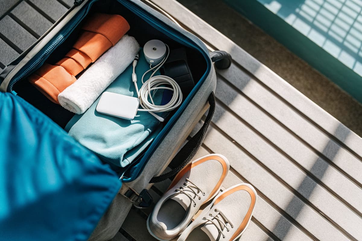 Overhead flat-lay of a nurse's open bag on a locker room bench with compression socks, a phone charger, a protein bar, an orange badge reel, and white sneakers with orange sole accents nearby