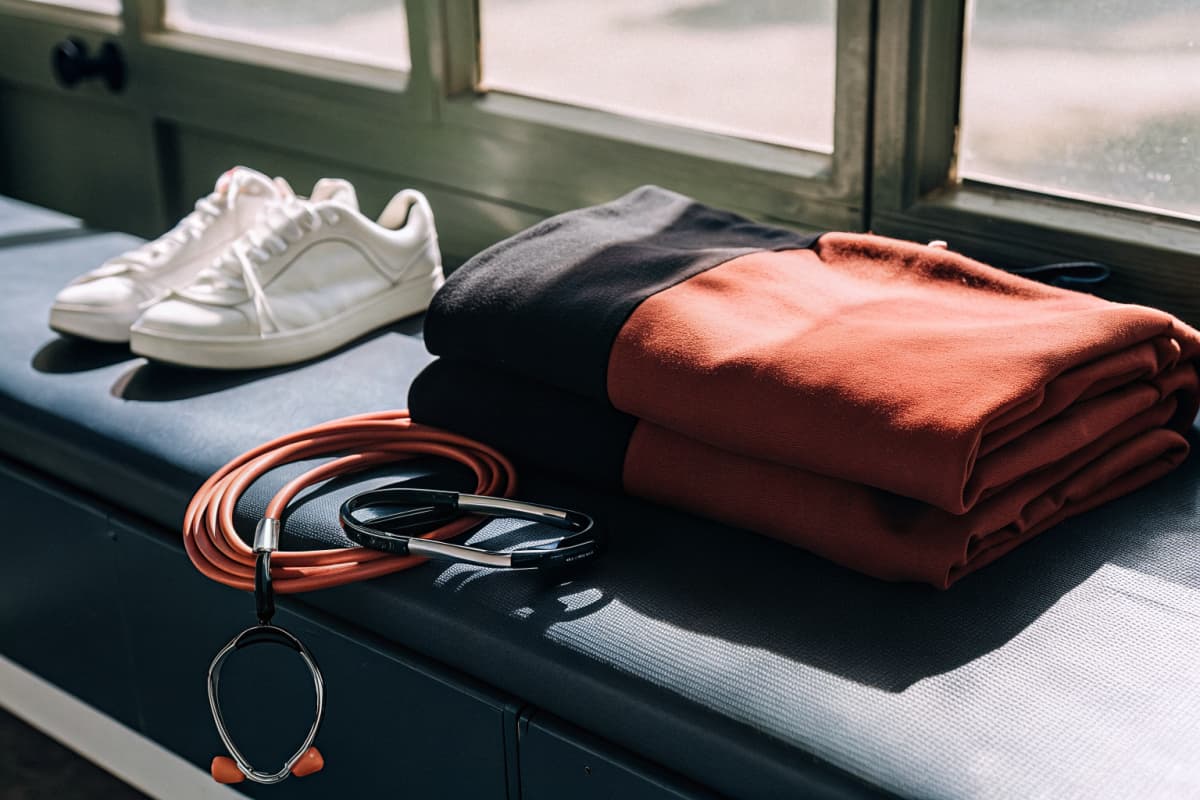 Two matching navy and orange colorblock hoodies folded side by side on a hospital locker room bench, with two pairs of white sneakers with orange sole accents, two stethoscopes, and two coiled orange lanyards resting nearby in warm window light