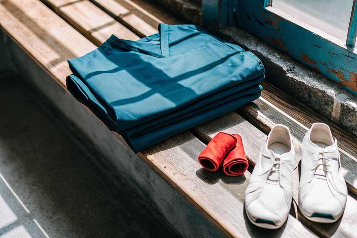 Split composition of a nurse in navy scrubs and orange sneakers standing confidently beside boxing wraps and gloves on a locker room bench, warm documentary lighting