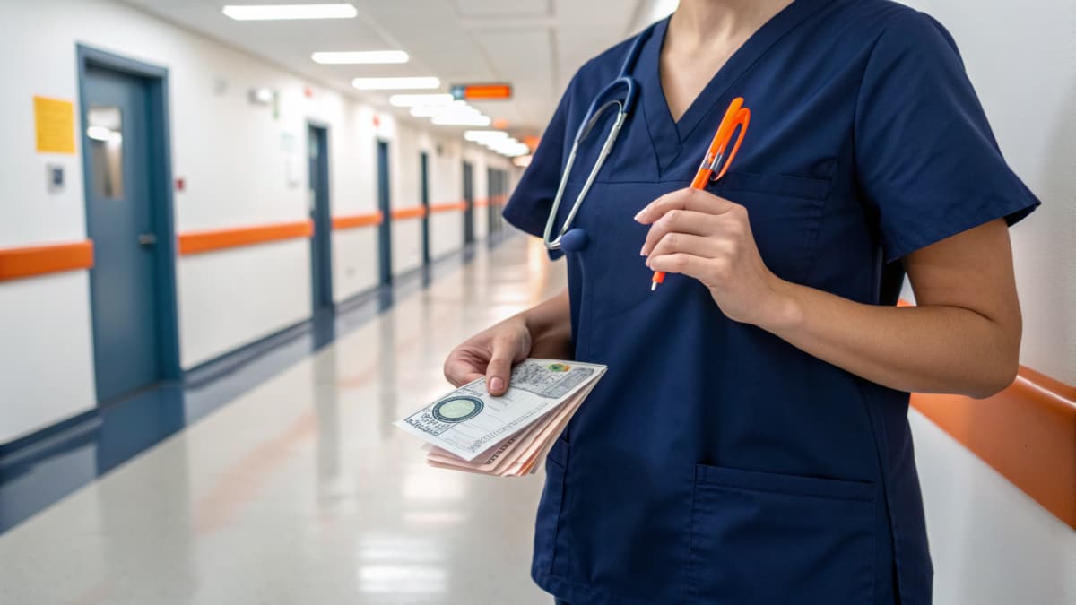 Nurse in navy scrubs holding a paycheck and an orange pen near a hospital badge reel, standing in a bright hospital hallway with orange accent walls