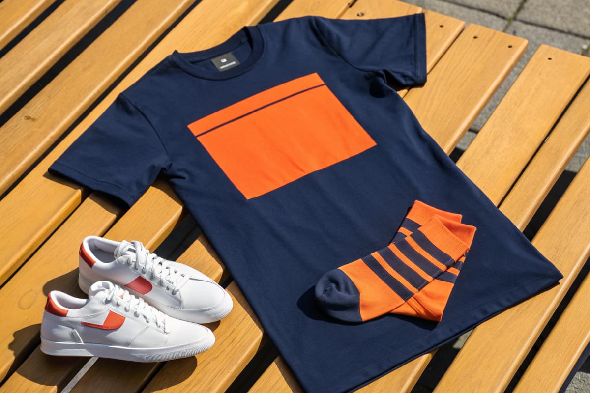 Bold peds-specific graphic tee in navy and orange laid flat next to a matching pair of colorway-true sneakers and folded compression socks, on a warm-lit locker room bench