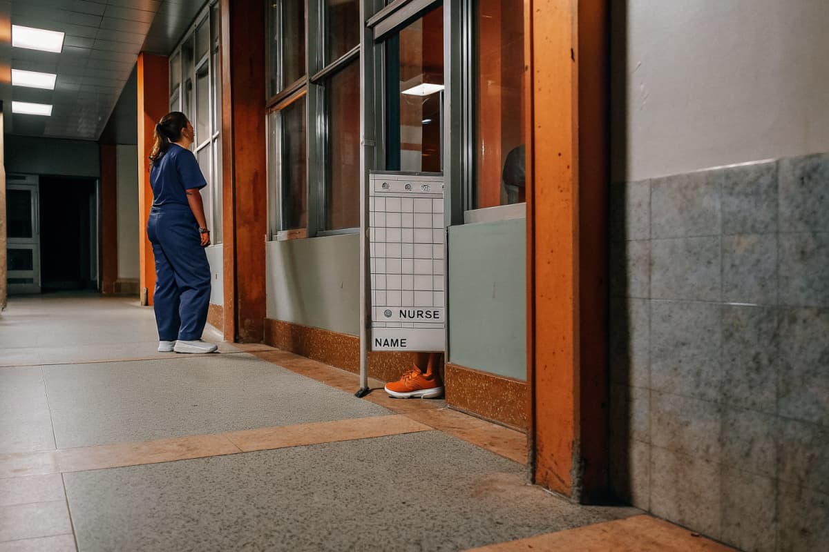 Nurse in navy scrubs and orange sneakers standing in a hospital hallway beside a mostly blank staffing assignment whiteboard
