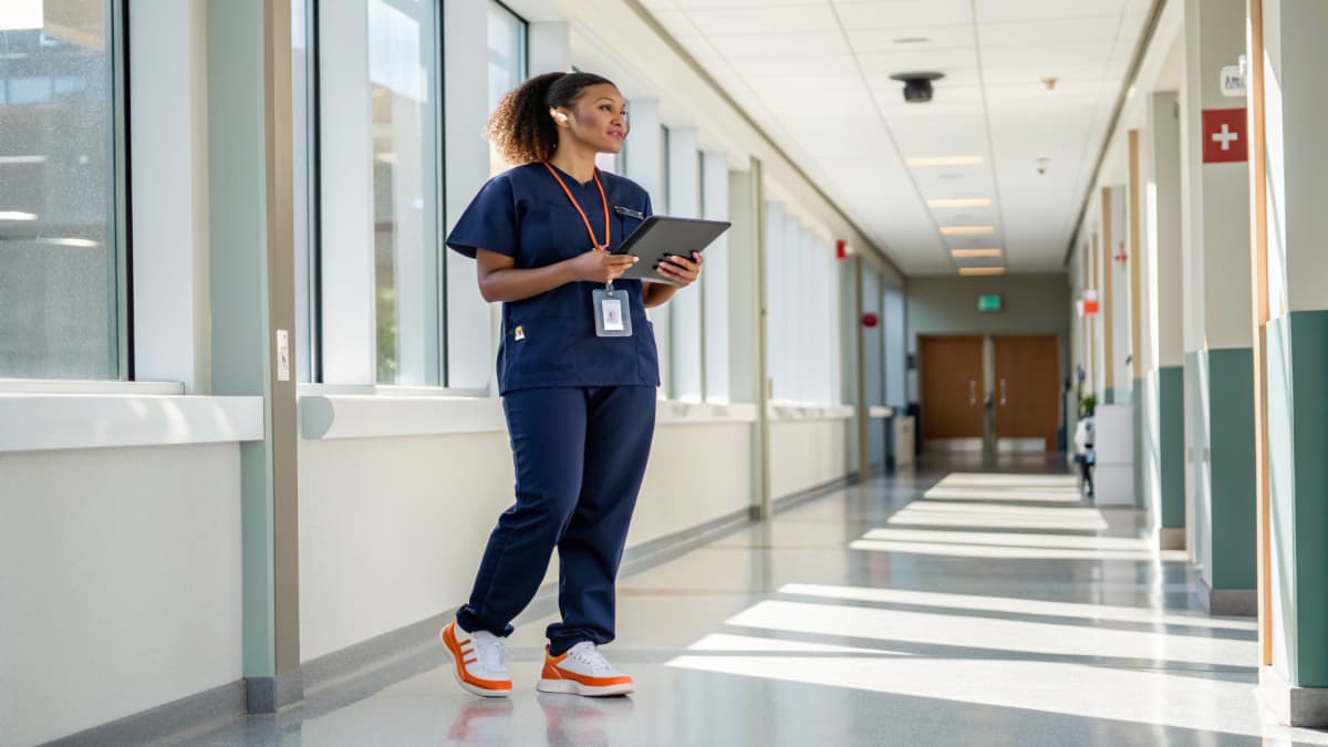Nurse in navy scrubs holding a tablet with an orange lanyard and badge reel, wearing white sneakers with orange accents, walking through a bright hospital hallway