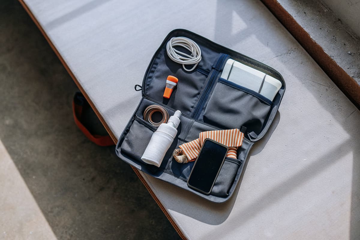 Overhead flat-lay of a nurse's open work bag on a locker room bench with compression socks, a phone charger, a badge reel, hair ties, and a small photo tucked in a side pocket, orange and navy color accents throughout