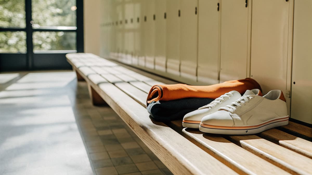 Clean white sneakers with orange sole accents resting on a locker room bench next to a folded orange and navy hoodie and a scrub top, warm sunlit locker room
