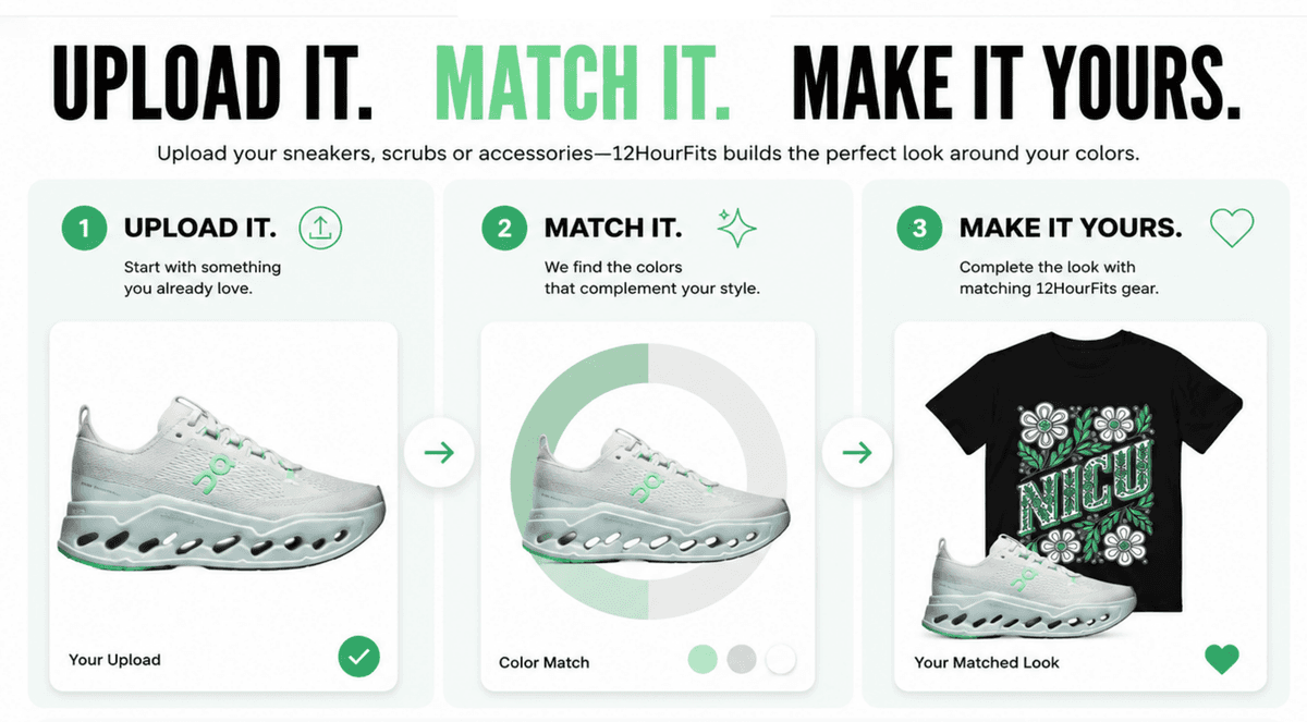 Upload it, match it, make it yours: upload your sneakers, scrubs or accessories and 12HourFits builds the perfect look around your colors.