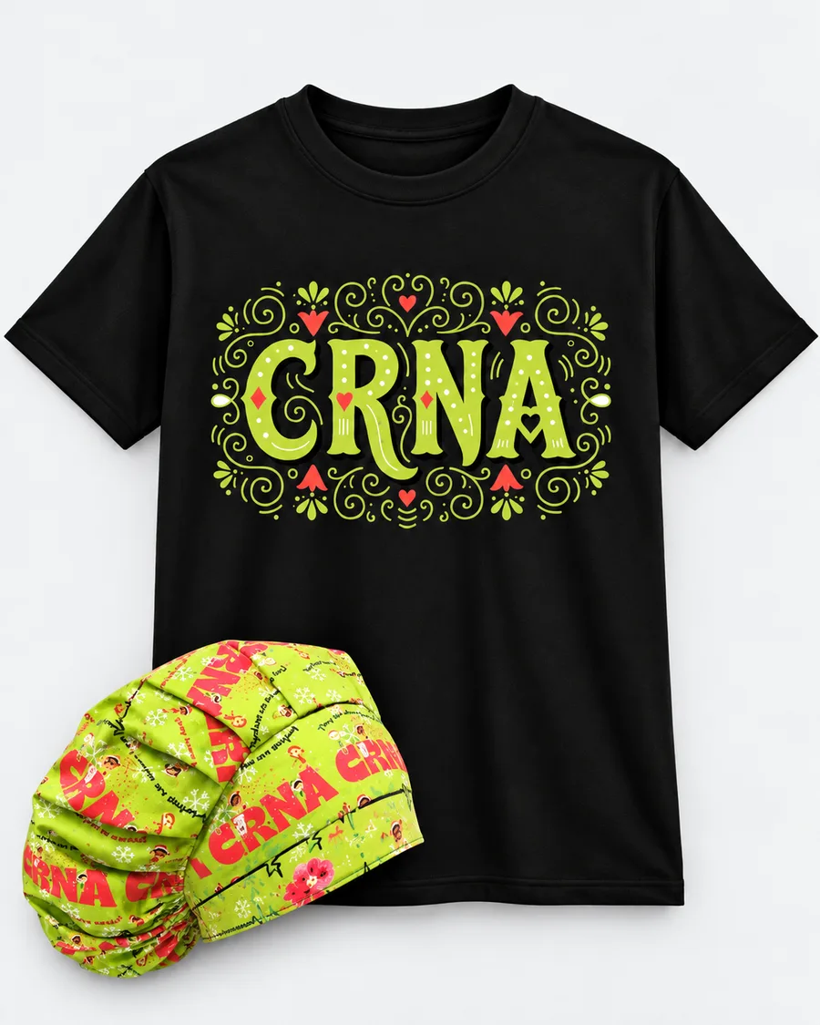 Green CRNA scrub hat paired with color-coordinated green healthcare apparel