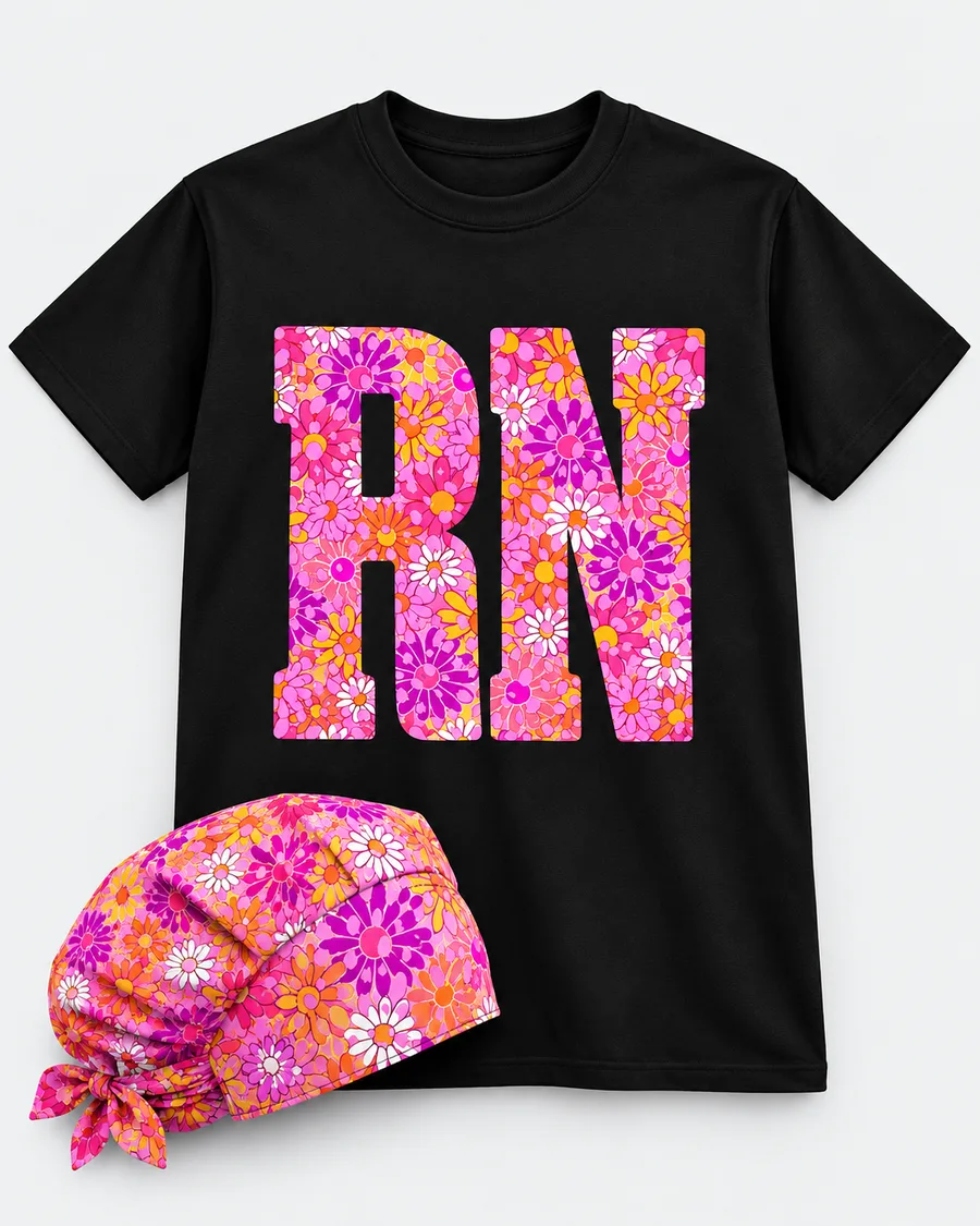 Pink floral RN scrub hat paired with matching pink nurse apparel