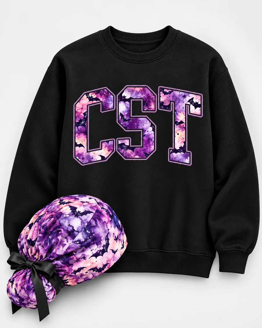 Purple CST scrub hat paired with coordinating purple nurse apparel