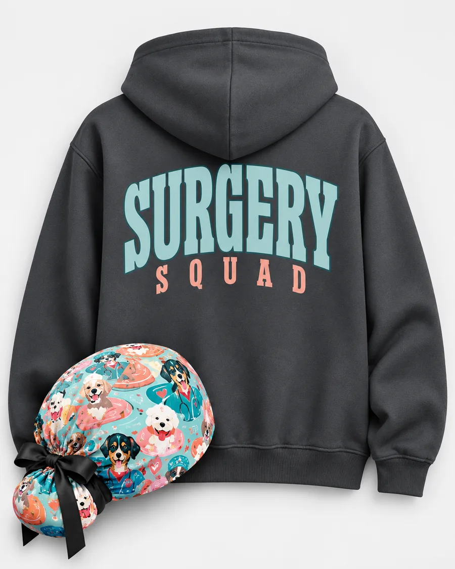 Surgery Squad scrub hat paired with matching surgical team apparel