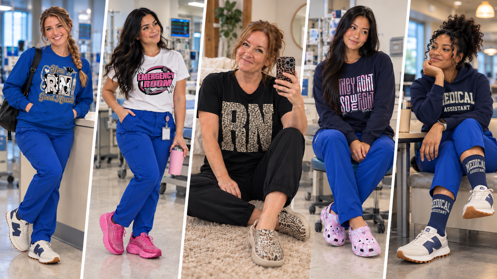 Healthcare workers in hoodies, sweatshirts, long sleeves and socks from 12HourFits